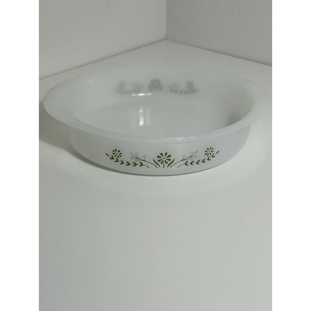 Glasbake 8.75” Round Green Flower And White Casserole Dish With Handles Vtg